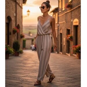 LEITH WOMENS beige Jumpsuit relaxed one small spaghetti strapped boho miltered